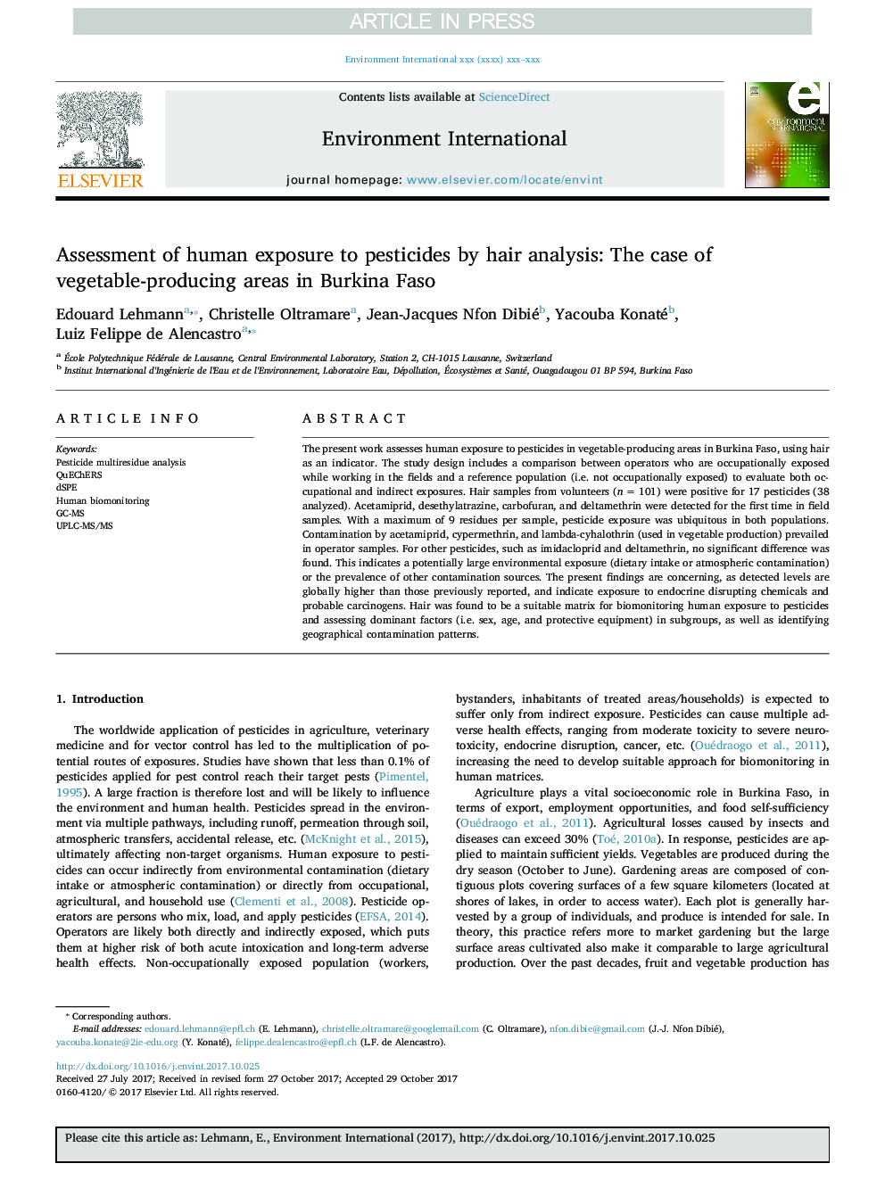 Assessment of human exposure to pesticides by hair analysis: The case of vegetable-producing areas in Burkina Faso