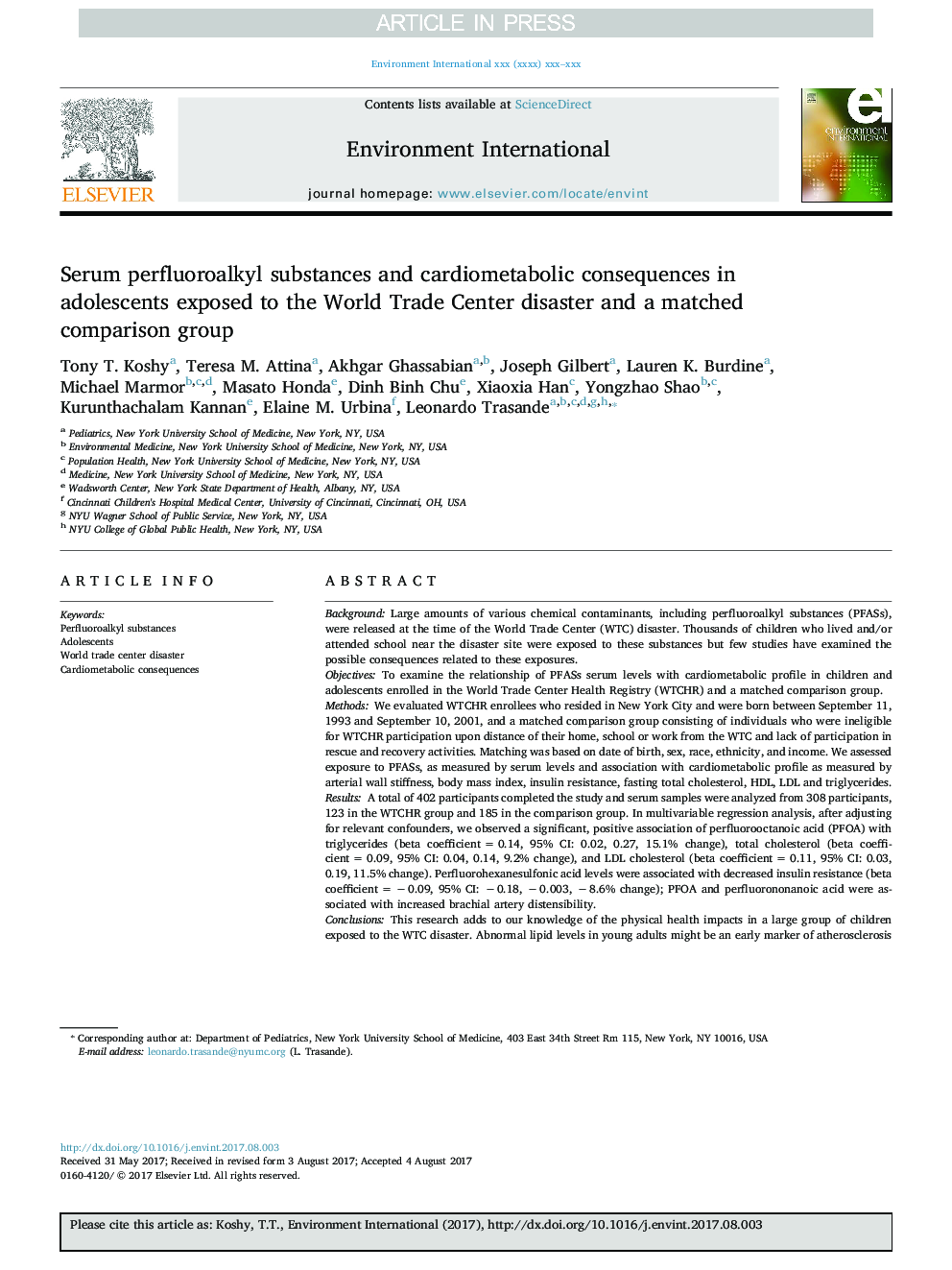 Serum perfluoroalkyl substances and cardiometabolic consequences in adolescents exposed to the World Trade Center disaster and a matched comparison group