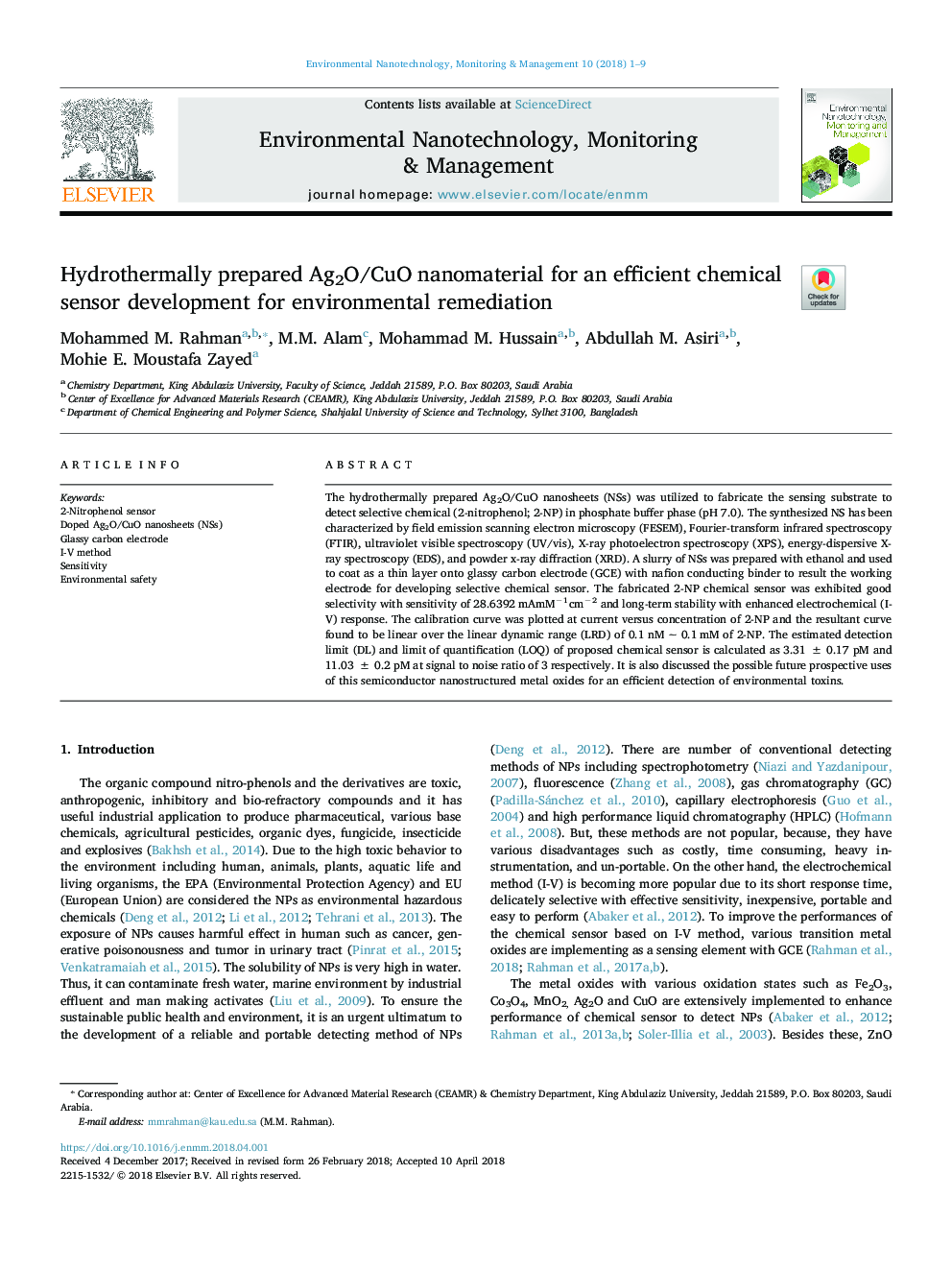 Hydrothermally prepared Ag2O/CuO nanomaterial for an efficient chemical sensor development for environmental remediation