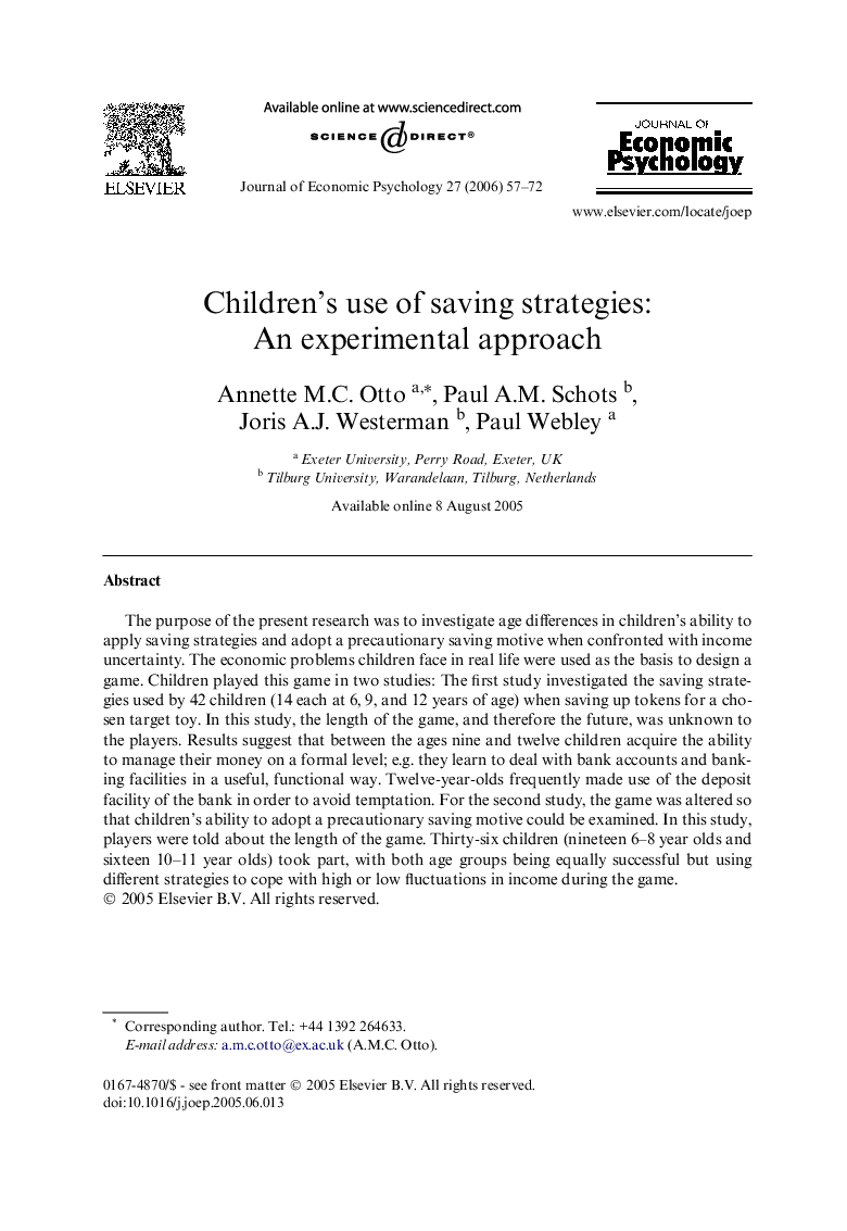 Children’s use of saving strategies: An experimental approach