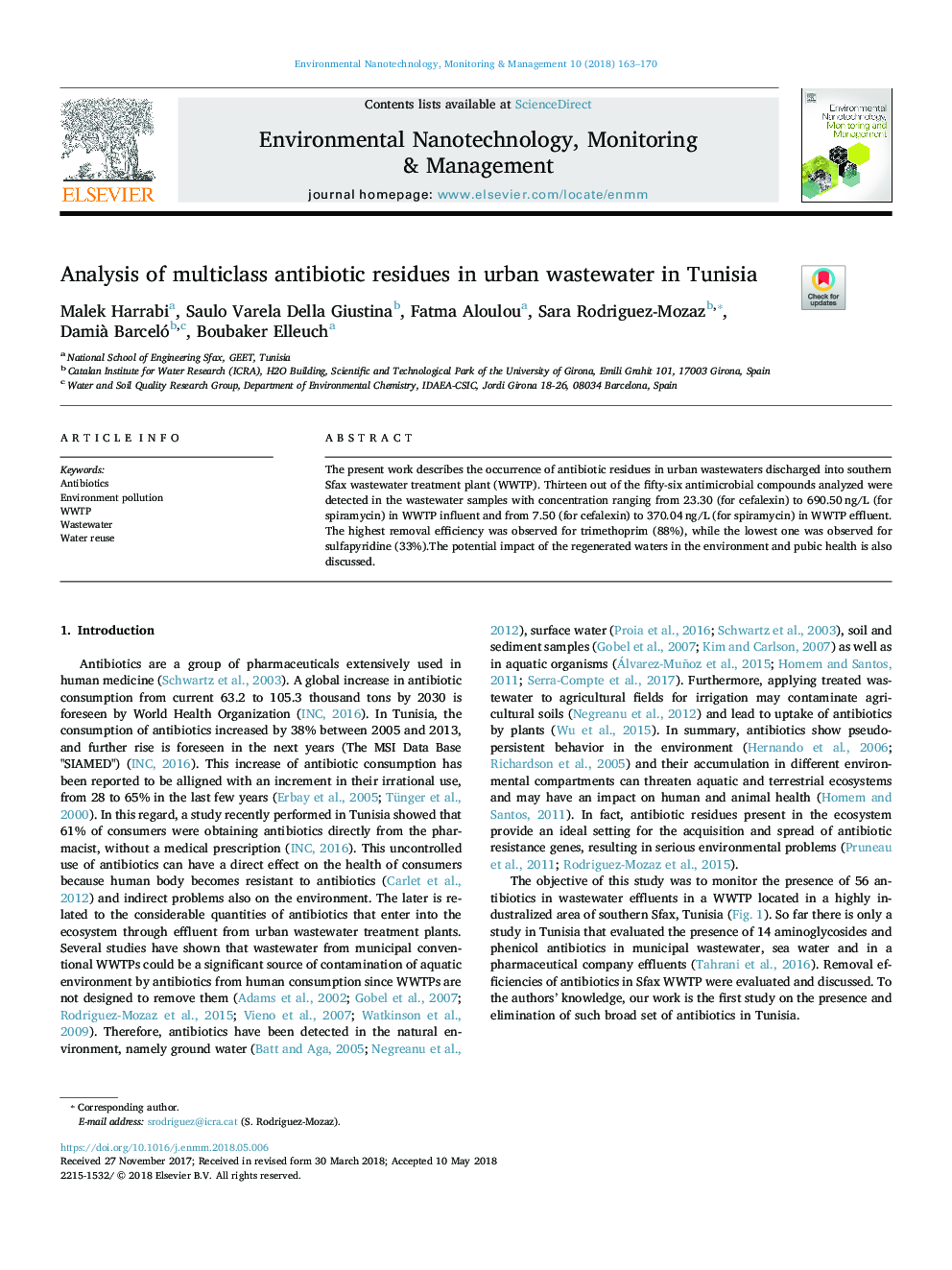 Analysis of multiclass antibiotic residues in urban wastewater in Tunisia