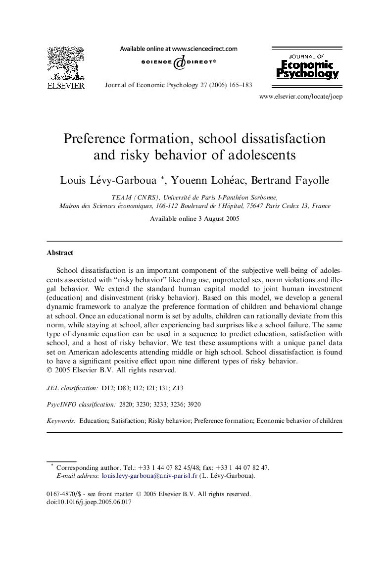 Preference formation, school dissatisfaction and risky behavior of adolescents