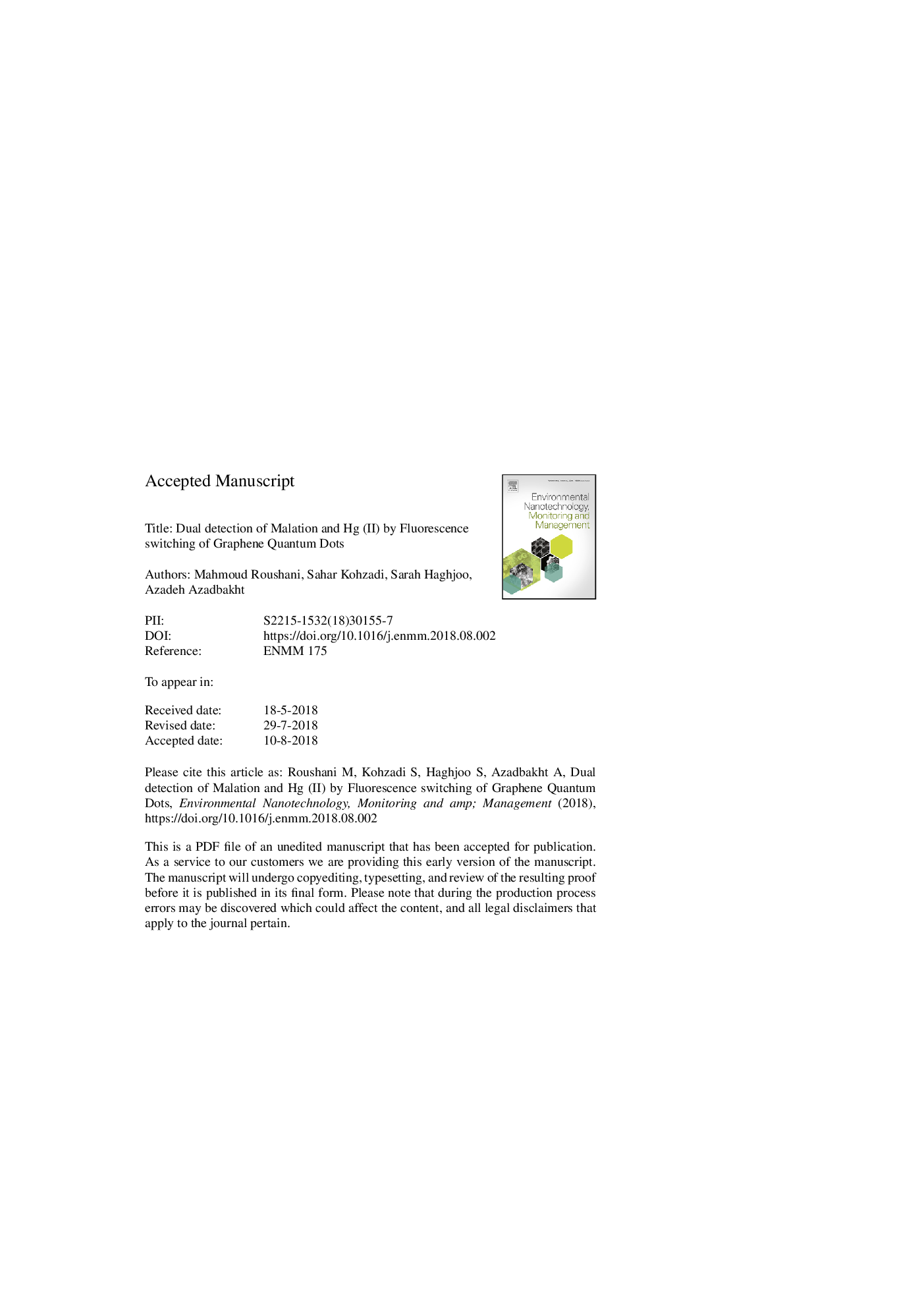 Dual detection of Malation and Hg (II) by fluorescence switching of graphene quantum dots