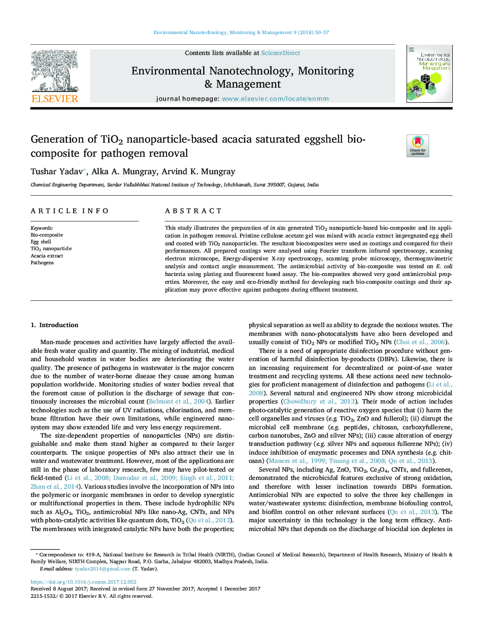 Generation of TiO2 nanoparticle-based acacia saturated eggshell bio-composite for pathogen removal