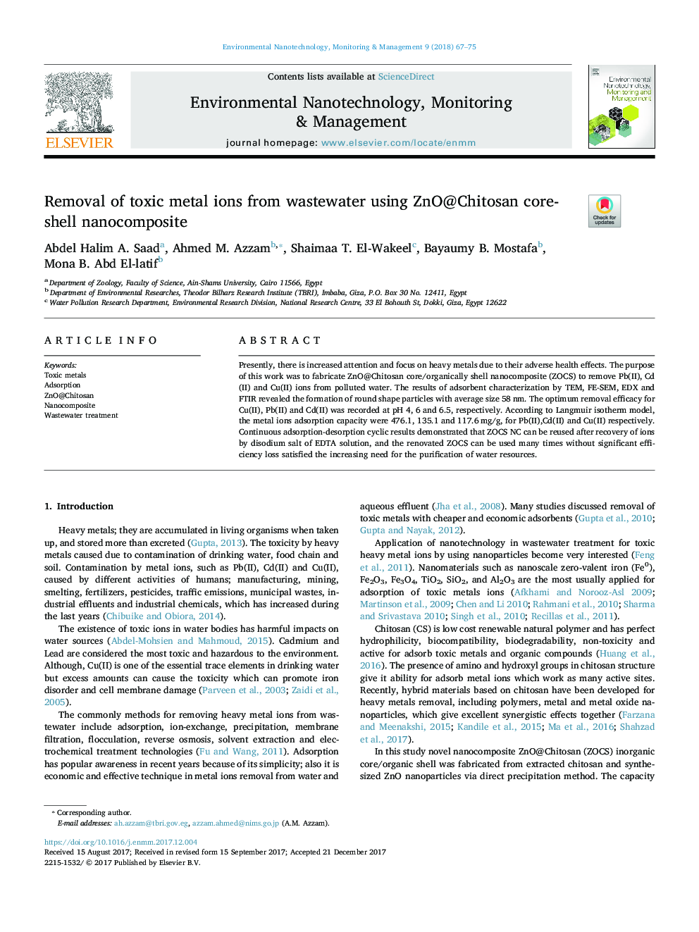 Removal of toxic metal ions from wastewater using ZnO@Chitosan core-shell nanocomposite