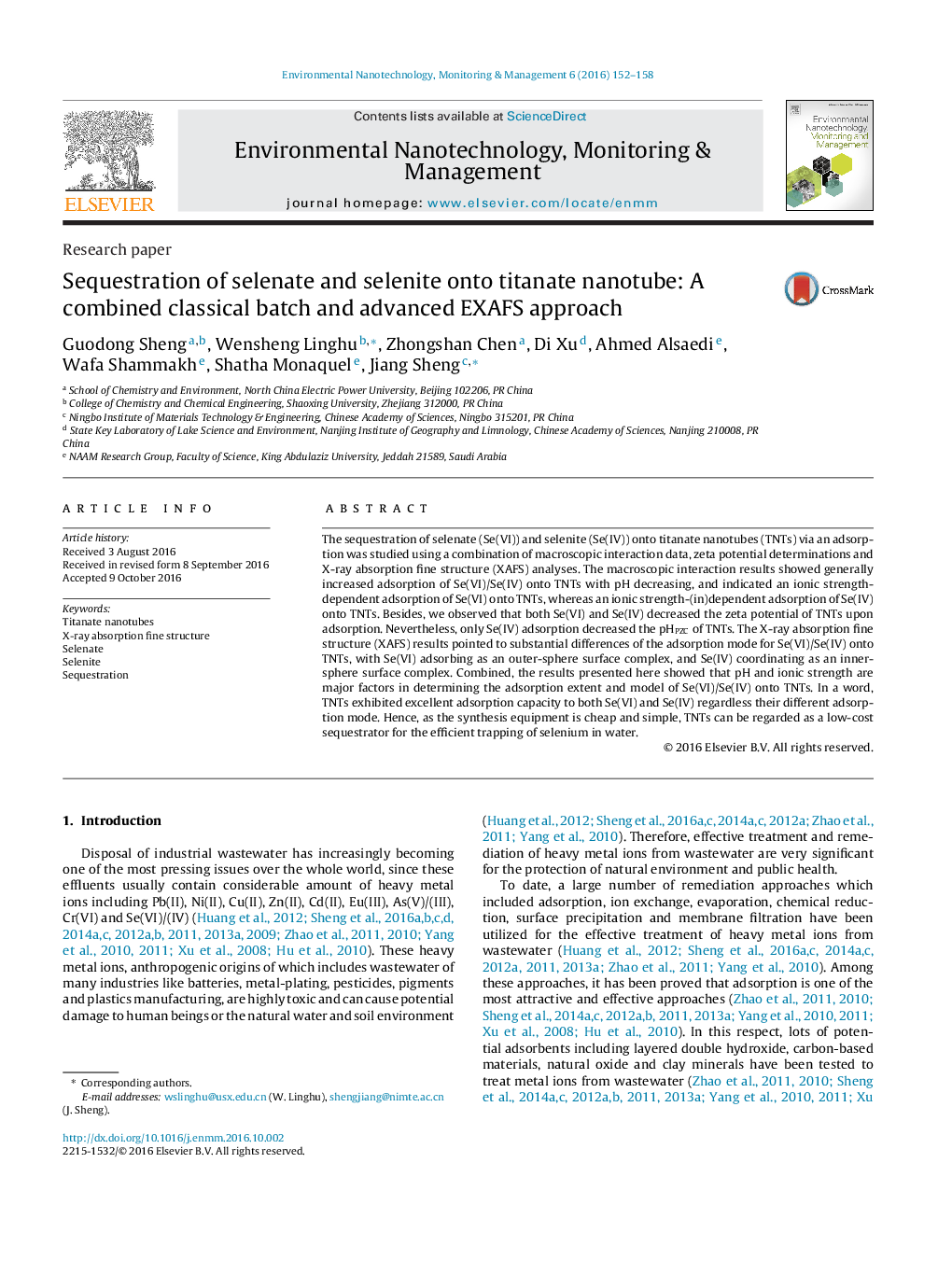 Sequestration of selenate and selenite onto titanate nanotube: A combined classical batch and advanced EXAFS approach