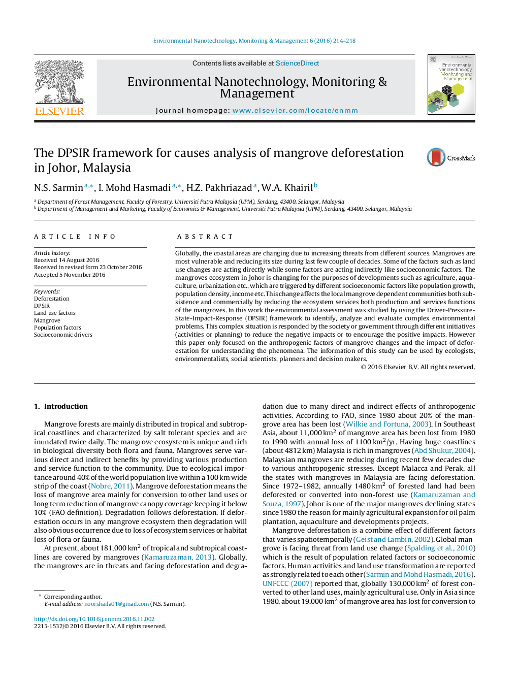 The DPSIR framework for causes analysis of mangrove deforestation in Johor, Malaysia