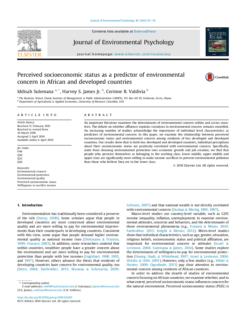 Perceived socioeconomic status as a predictor of environmental concern in African and developed countries