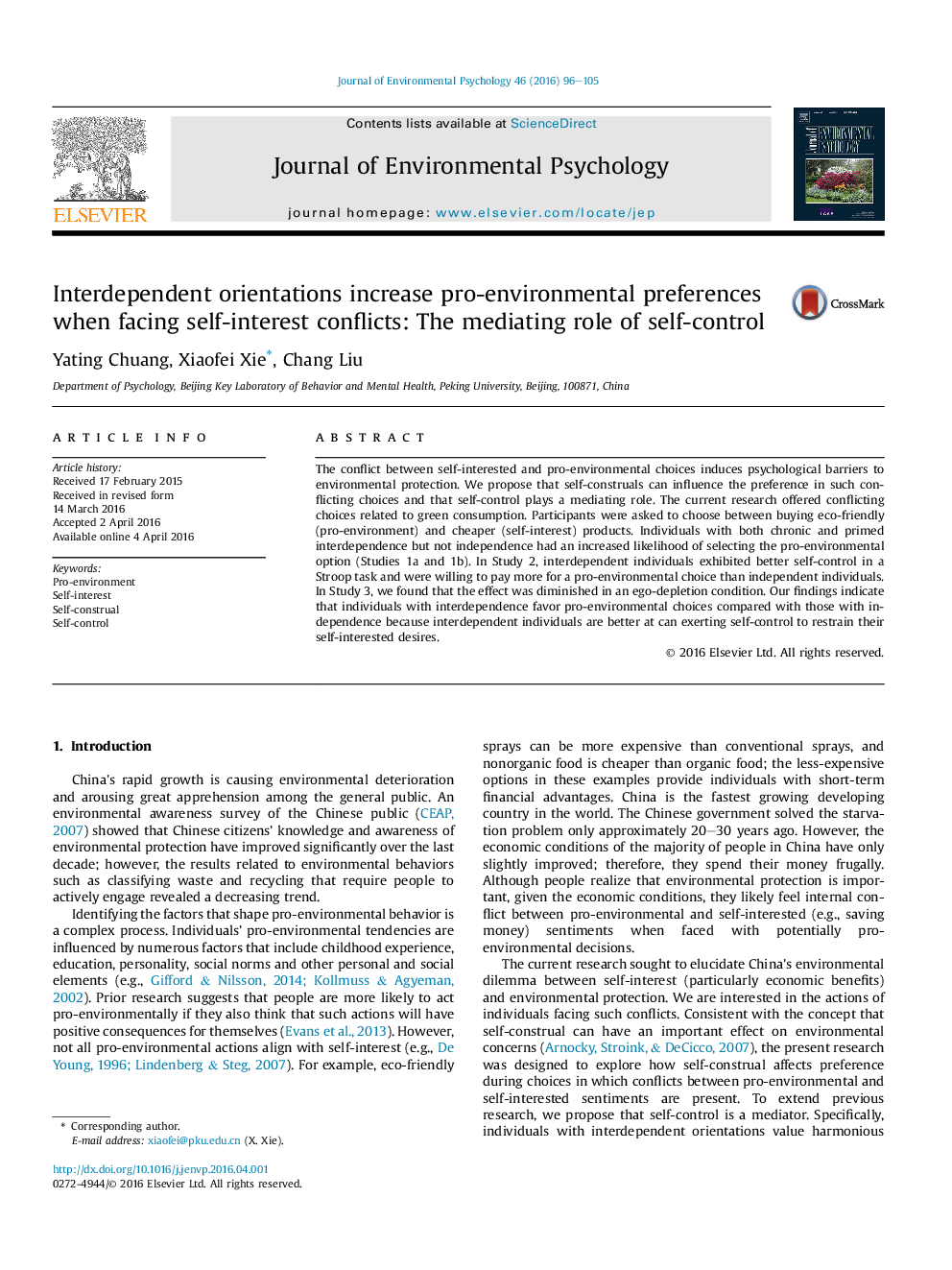 Interdependent orientations increase pro-environmental preferences when facing self-interest conflicts: The mediating role of self-control