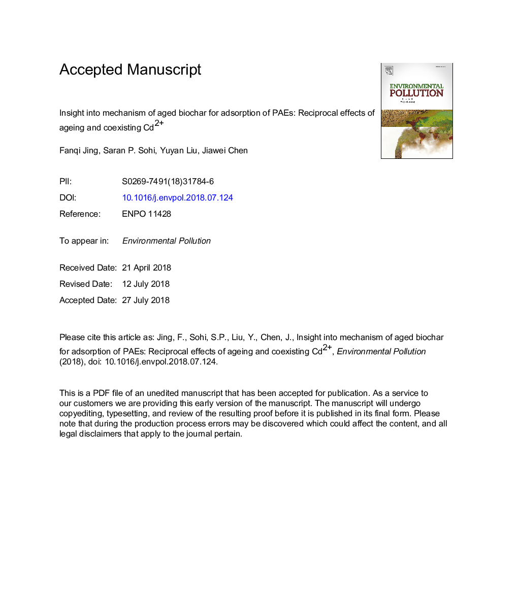 Insight into mechanism of aged biochar for adsorption of PAEs: Reciprocal effects of ageing and coexisting Cd2+