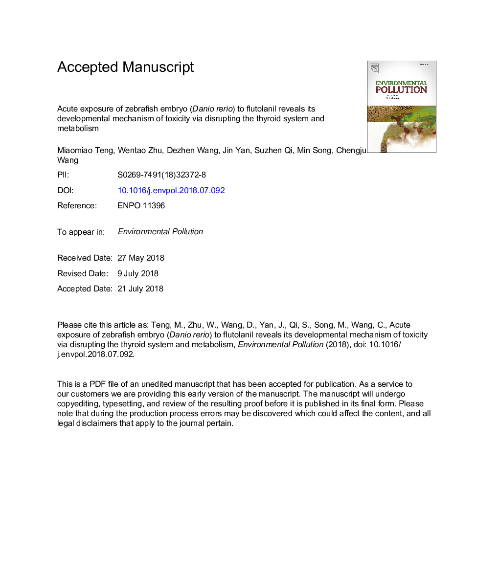 Acute exposure of zebrafish embryo (Danio rerio) to flutolanil reveals its developmental mechanism of toxicity via disrupting the thyroid system and metabolism