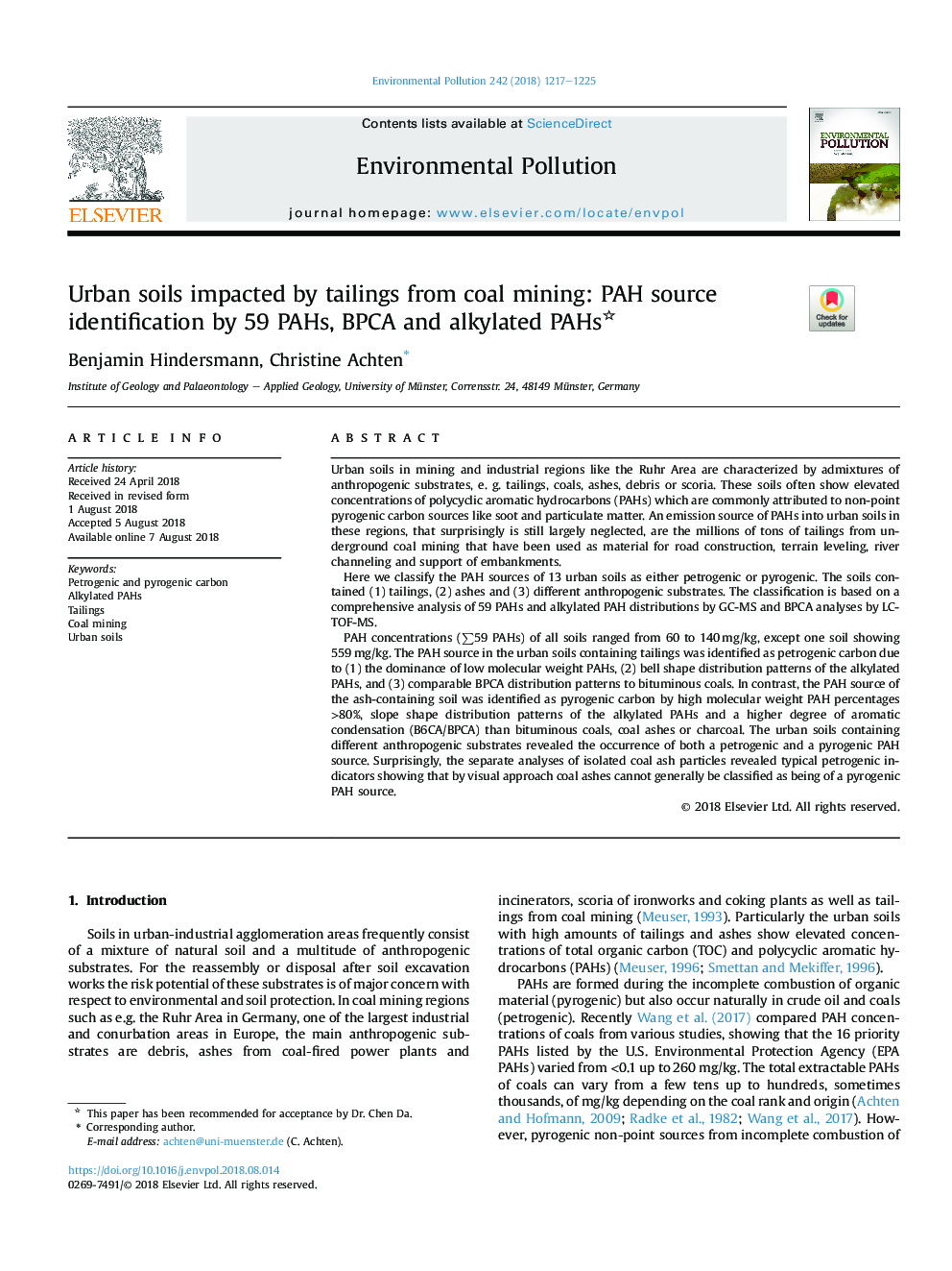 Urban soils impacted by tailings from coal mining: PAH source identification by 59 PAHs, BPCA and alkylated PAHs