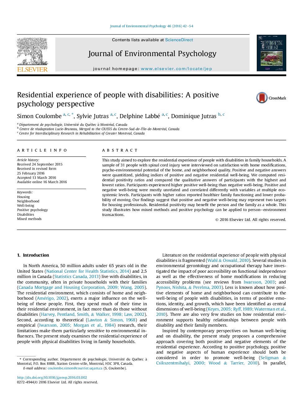 Residential experience of people with disabilities: A positive psychology perspective