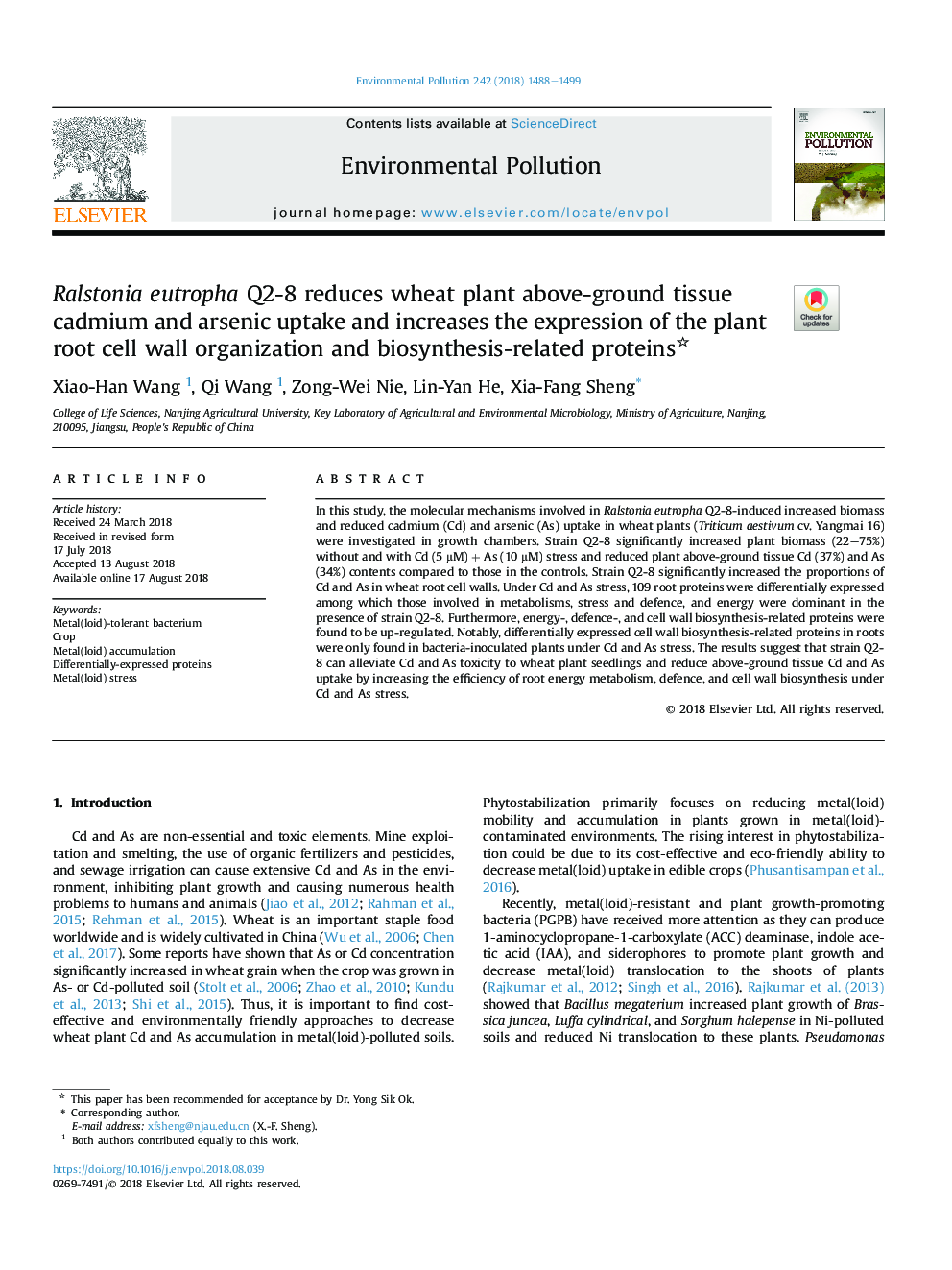 Ralstonia eutropha Q2-8 reduces wheat plant above-ground tissue cadmium and arsenic uptake and increases the expression of the plant root cell wall organization and biosynthesis-related proteins