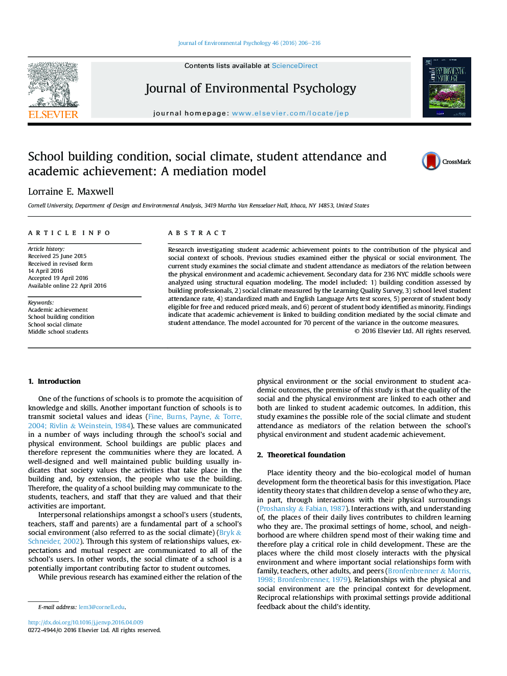 School building condition, social climate, student attendance and academic achievement: A mediation model