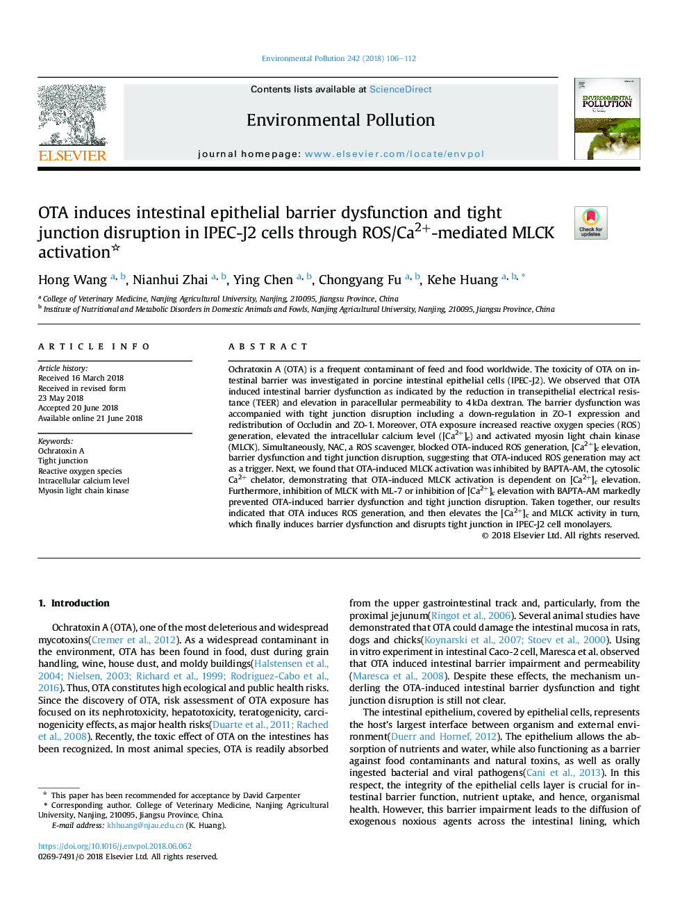 OTA induces intestinal epithelial barrier dysfunction and tight junction disruption in IPEC-J2 cells through ROS/Ca2+-mediated MLCK activation