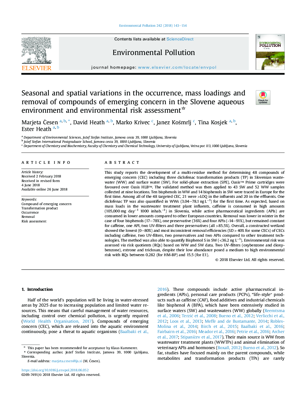 Seasonal and spatial variations in the occurrence, mass loadings and removal of compounds of emerging concern in the Slovene aqueous environment and environmental risk assessment