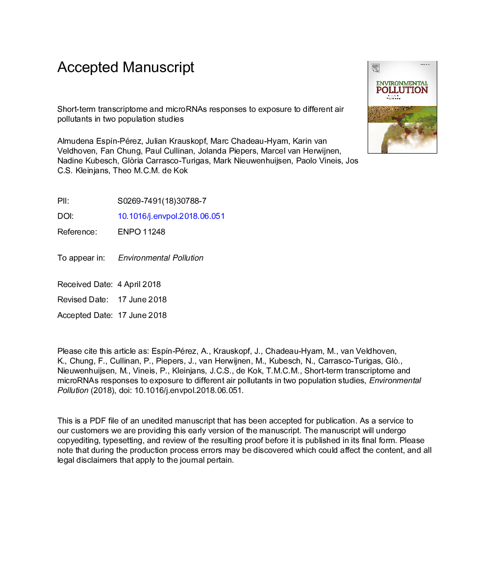 Short-term transcriptome and microRNAs responses to exposure to different air pollutants in two population studies