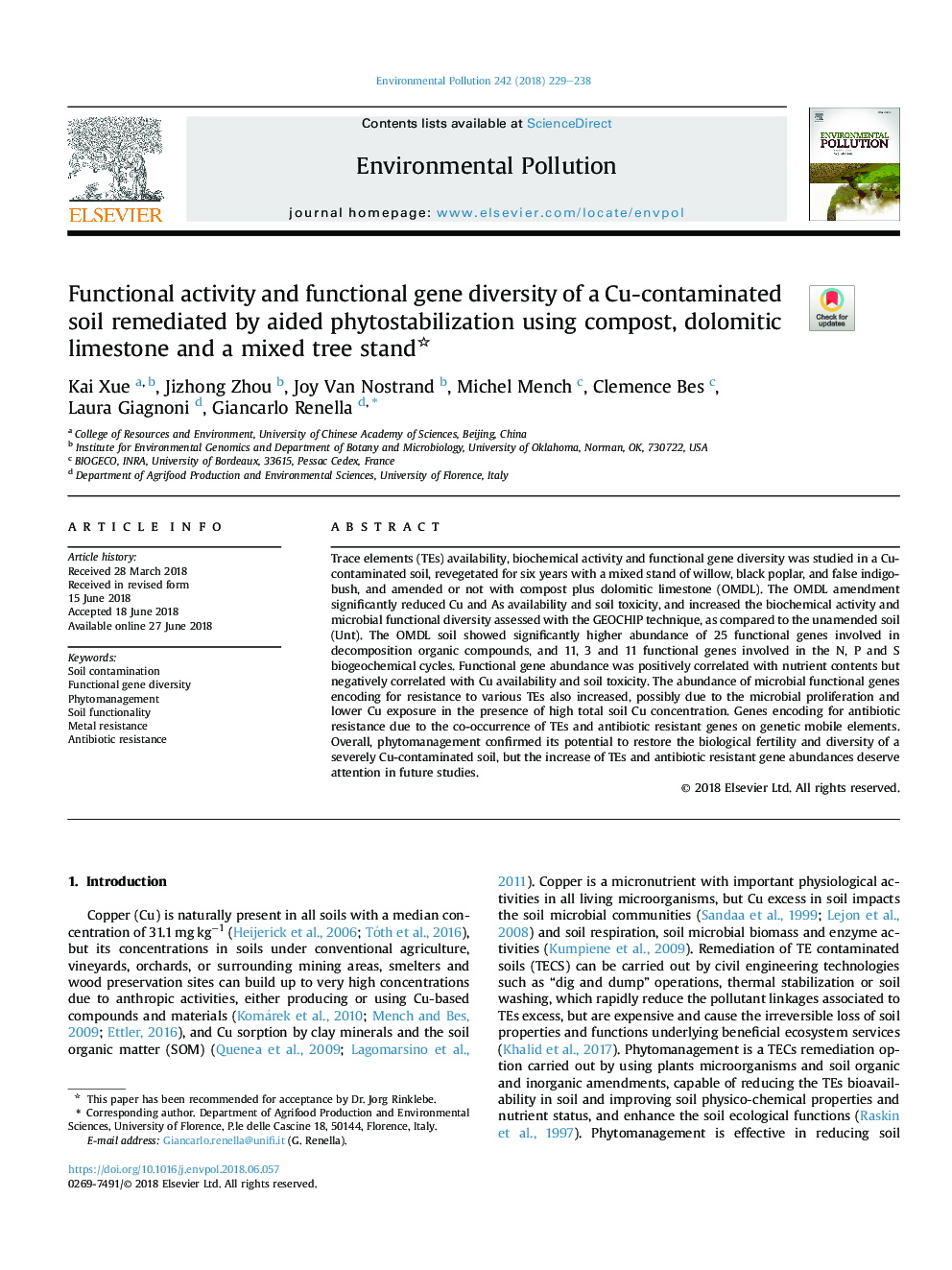 Functional activity and functional gene diversity of a Cu-contaminated soil remediated by aided phytostabilization using compost, dolomitic limestone and a mixed tree stand