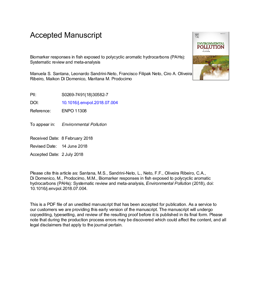 عکس صفحه اول مقاله: Biomarker responses in fish exposed to polycyclic aromatic hydrocarbons (PAHs): Systematic review and meta-analysis Biomarker responses in fish exposed to polycyclic aromatic hydrocarbons (PAHs): Systematic review and meta-analysis