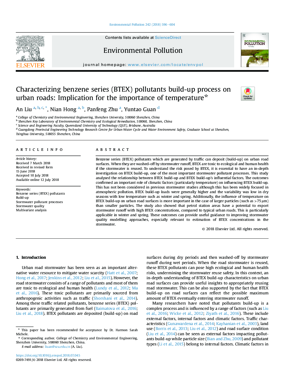 Characterizing benzene series (BTEX) pollutants build-up process on urban roads: Implication for the importance of temperature