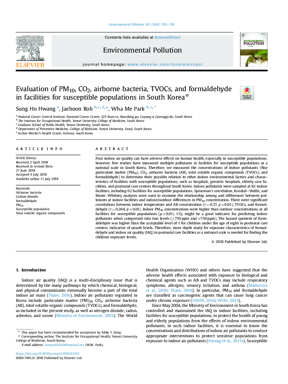 Evaluation of PM10, CO2, airborne bacteria, TVOCs, and formaldehyde in facilities for susceptible populations in South Korea