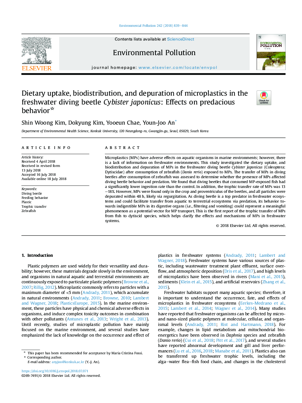 Dietary uptake, biodistribution, and depuration of microplastics in the freshwater diving beetle Cybister japonicus: Effects on predacious behavior