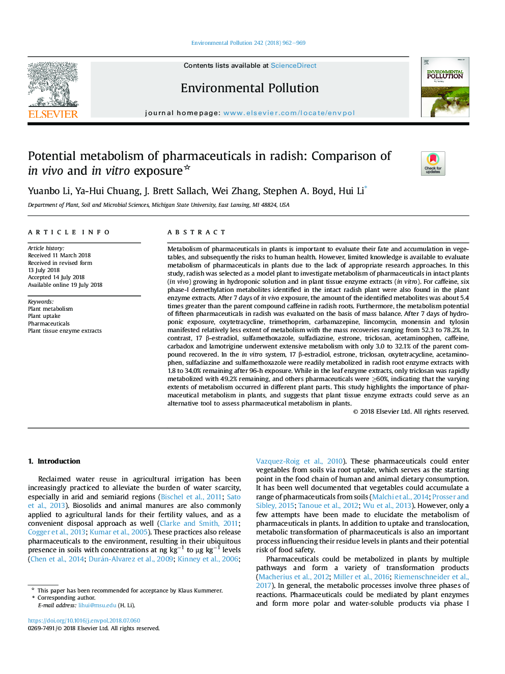 Potential metabolism of pharmaceuticals in radish: Comparison of inÂ vivo and inÂ vitro exposure