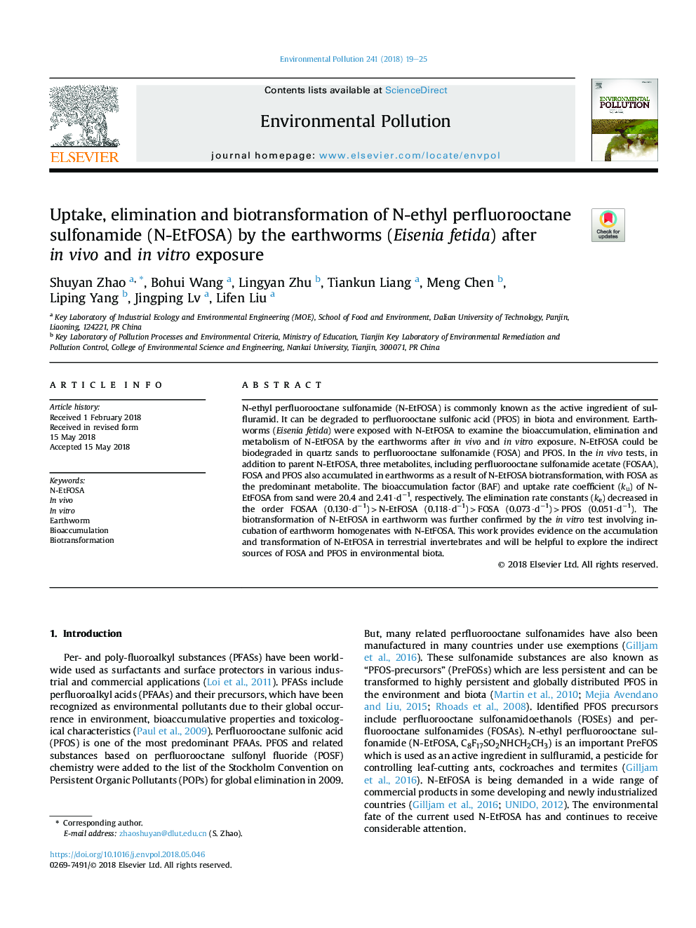 Uptake, elimination and biotransformation of N-ethyl perfluorooctane sulfonamide (N-EtFOSA) by the earthworms (Eisenia fetida) after inÂ vivo and inÂ vitro exposure