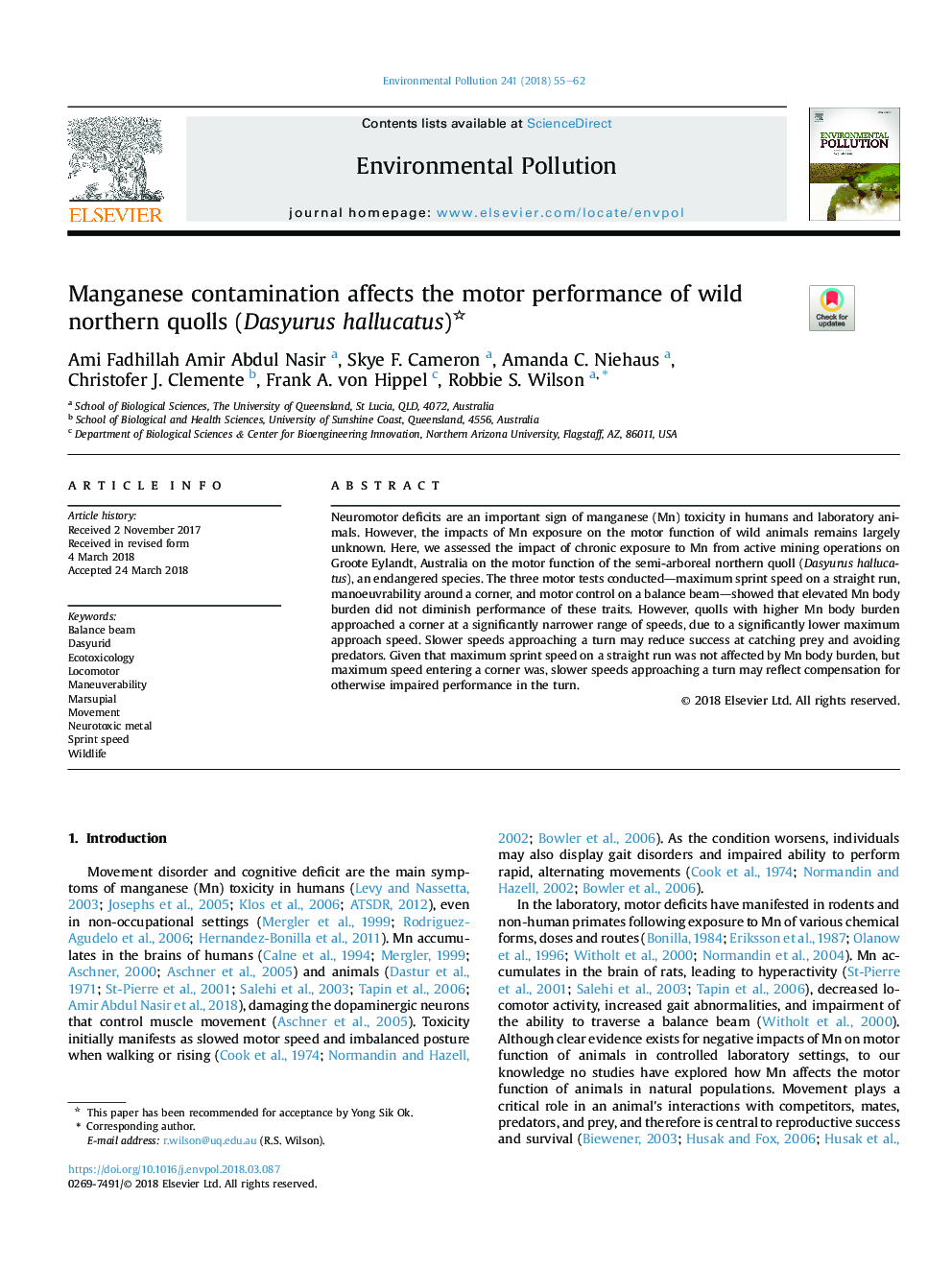 Manganese contamination affects the motor performance of wild northern quolls (Dasyurus hallucatus)