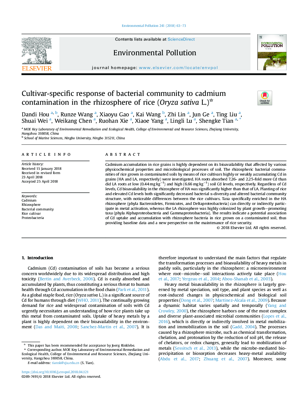 Cultivar-specific response of bacterial community to cadmium contamination in the rhizosphere of rice (Oryza sativa L.)