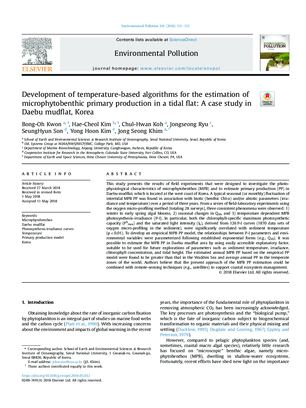 Development of temperature-based algorithms for the estimation of microphytobenthic primary production in a tidal flat: A case study in Daebu mudflat, Korea