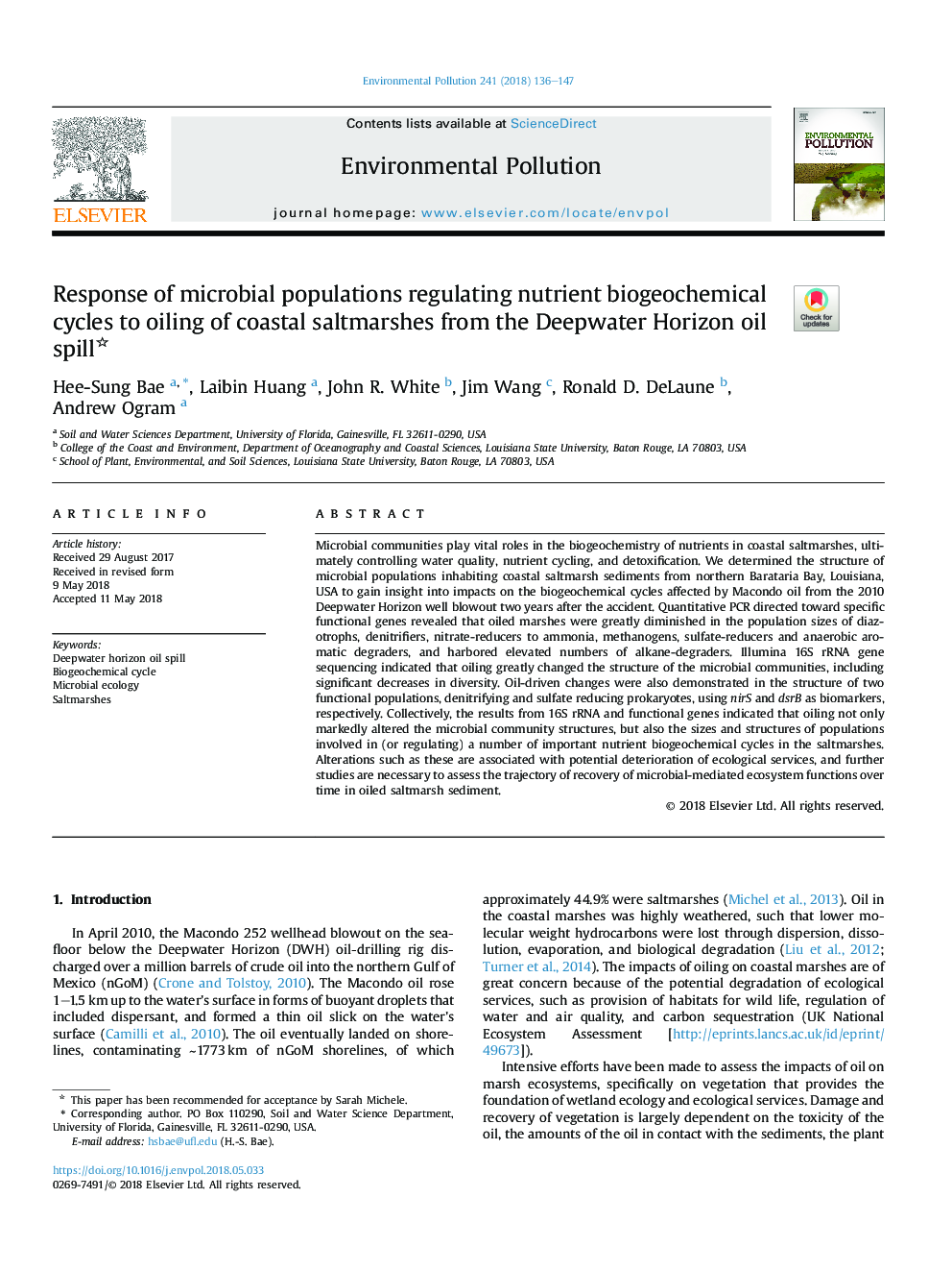 Response of microbial populations regulating nutrient biogeochemical cycles to oiling of coastal saltmarshes from the Deepwater Horizon oil spill