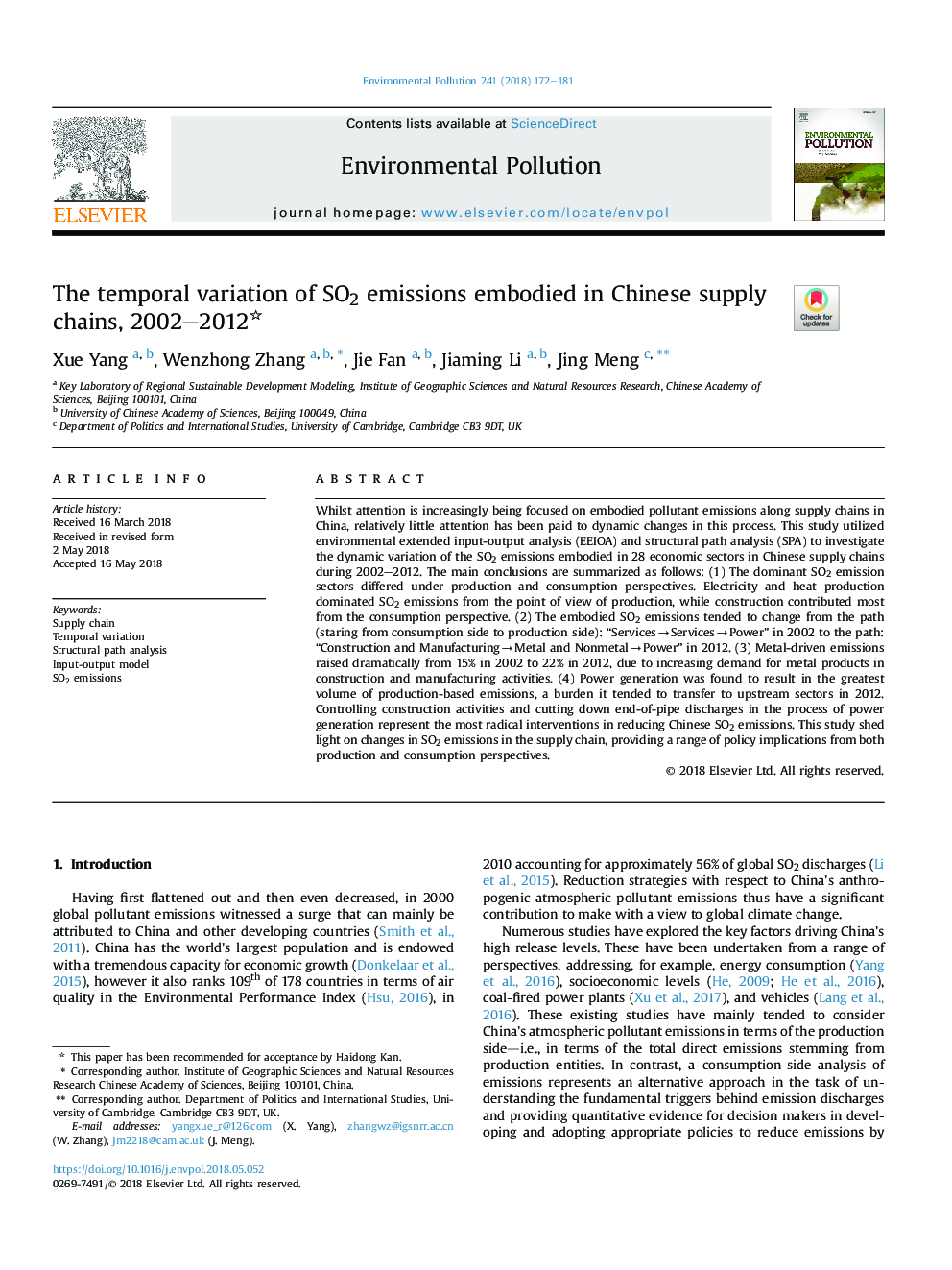 The temporal variation of SO2 emissions embodied in Chinese supply chains, 2002-2012