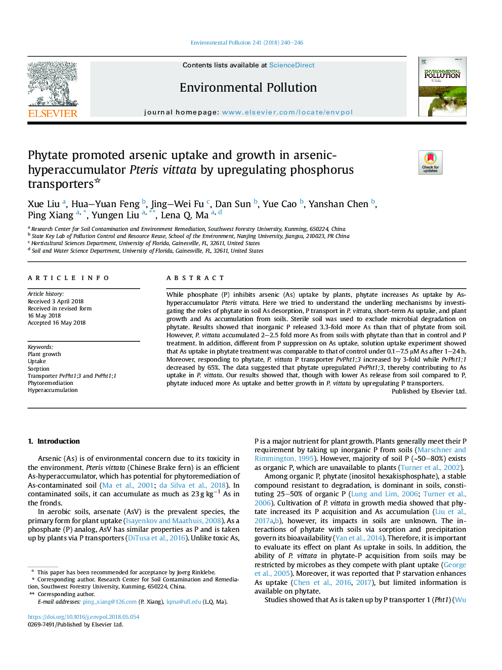 Phytate promoted arsenic uptake and growth in arsenic-hyperaccumulator Pteris vittata by upregulating phosphorus transporters