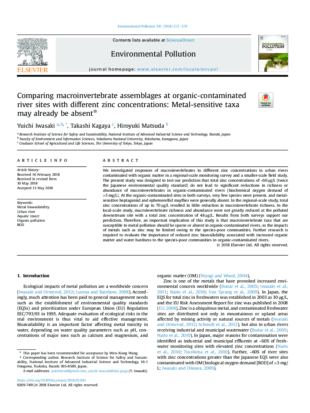 Comparing macroinvertebrate assemblages at organic-contaminated river sites with different zinc concentrations: Metal-sensitive taxa may already be absent