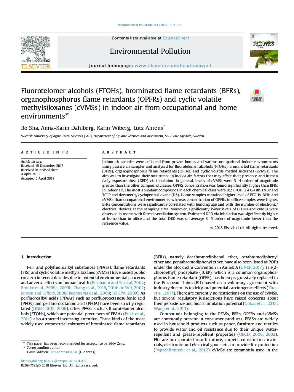 Fluorotelomer alcohols (FTOHs), brominated flame retardants (BFRs), organophosphorus flame retardants (OPFRs) and cyclic volatile methylsiloxanes (cVMSs) in indoor air from occupational and home environments