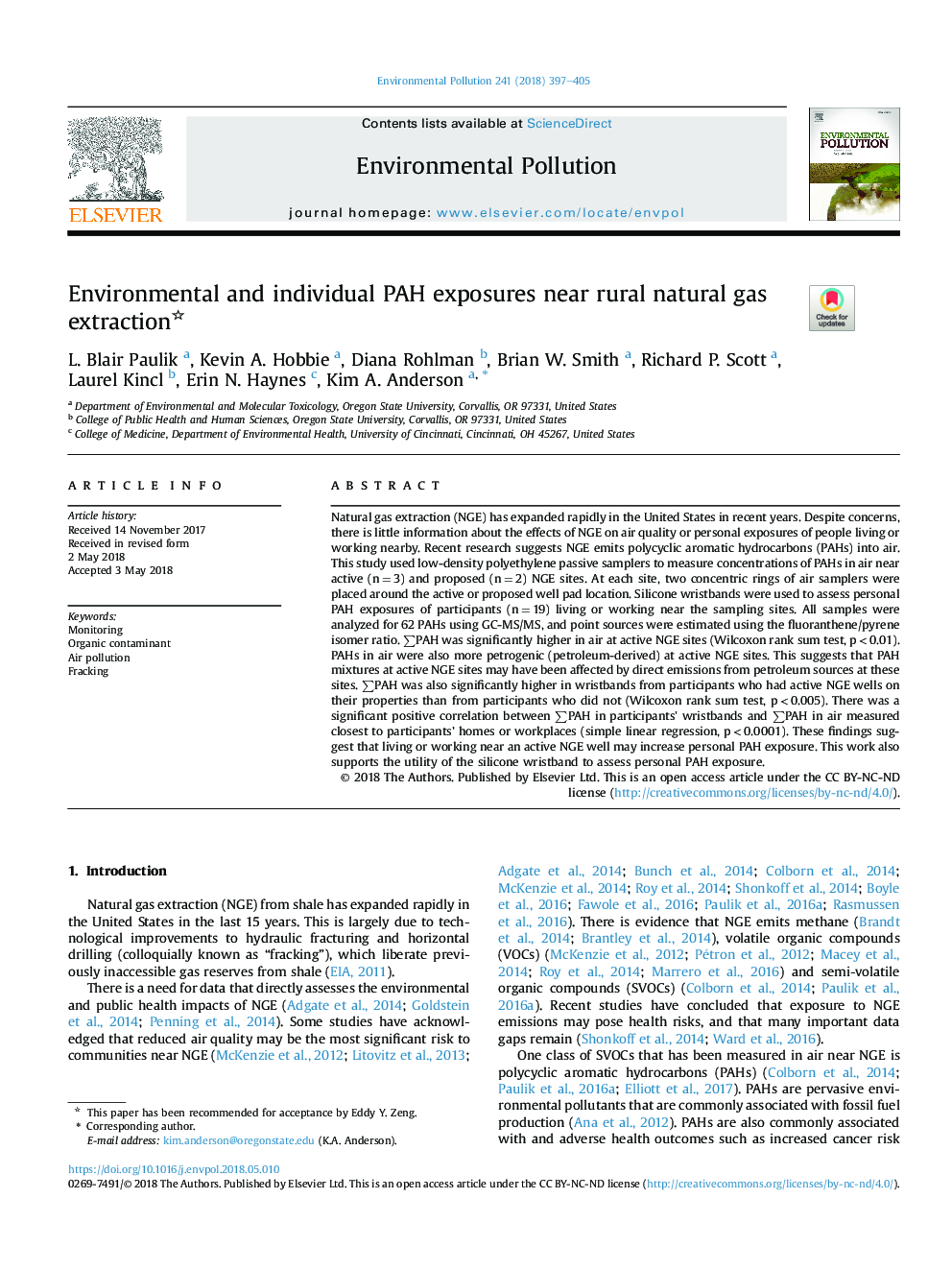 Environmental and individual PAH exposures near rural natural gas extraction