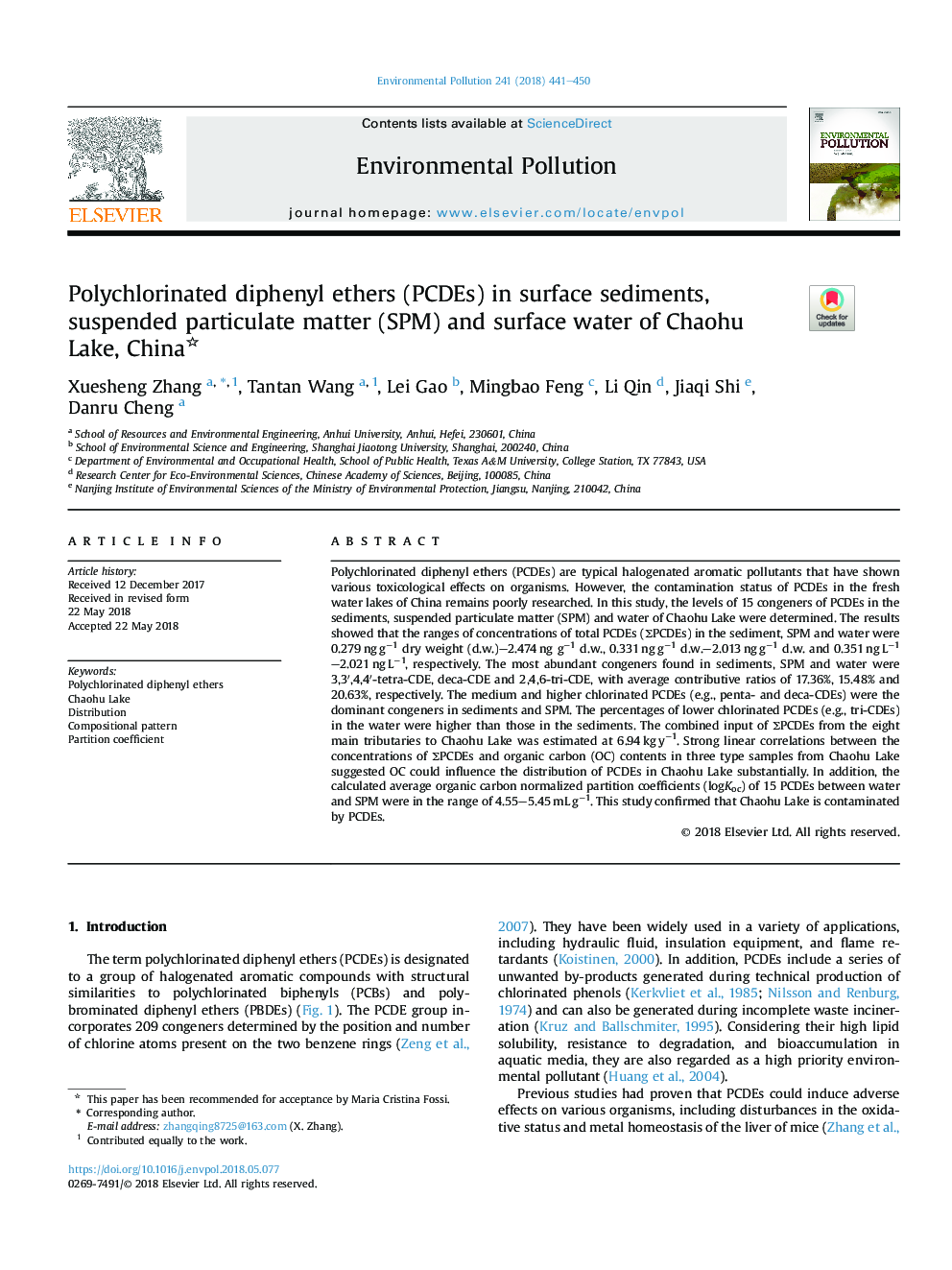 Polychlorinated diphenyl ethers (PCDEs) in surface sediments, suspended particulate matter (SPM) and surface water of Chaohu Lake, China