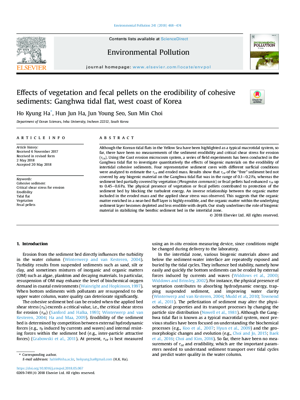 Effects of vegetation and fecal pellets on the erodibility of cohesive sediments: Ganghwa tidal flat, west coast of Korea