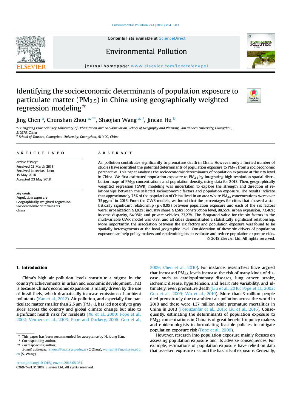 Identifying the socioeconomic determinants of population exposure to particulate matter (PM2.5) in China using geographically weighted regression modeling