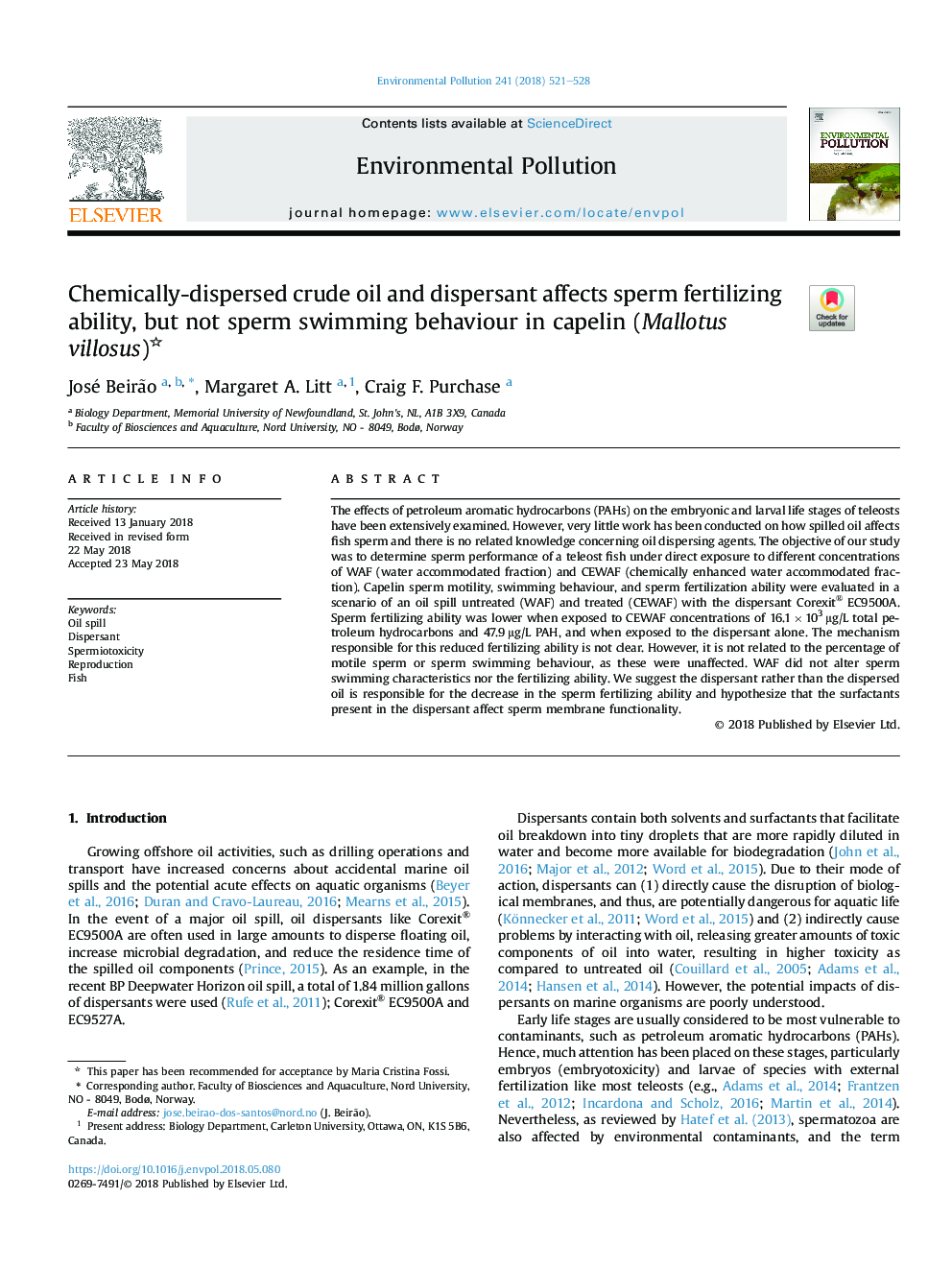 Chemically-dispersed crude oil and dispersant affects sperm fertilizing ability, but not sperm swimming behaviour in capelin (Mallotus villosus)