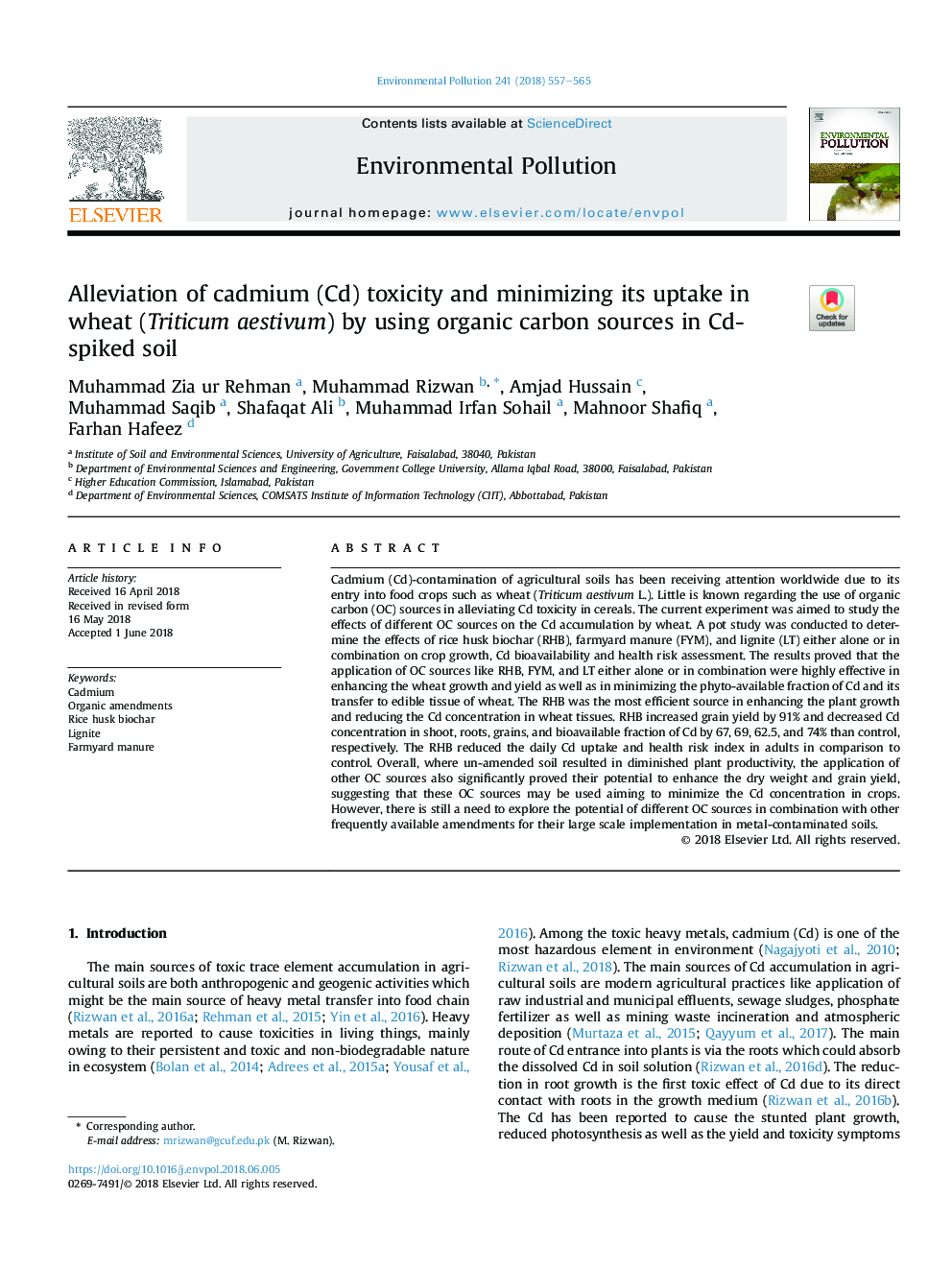 Alleviation of cadmium (Cd) toxicity and minimizing its uptake in wheat (Triticum aestivum) by using organic carbon sources in Cd-spiked soil