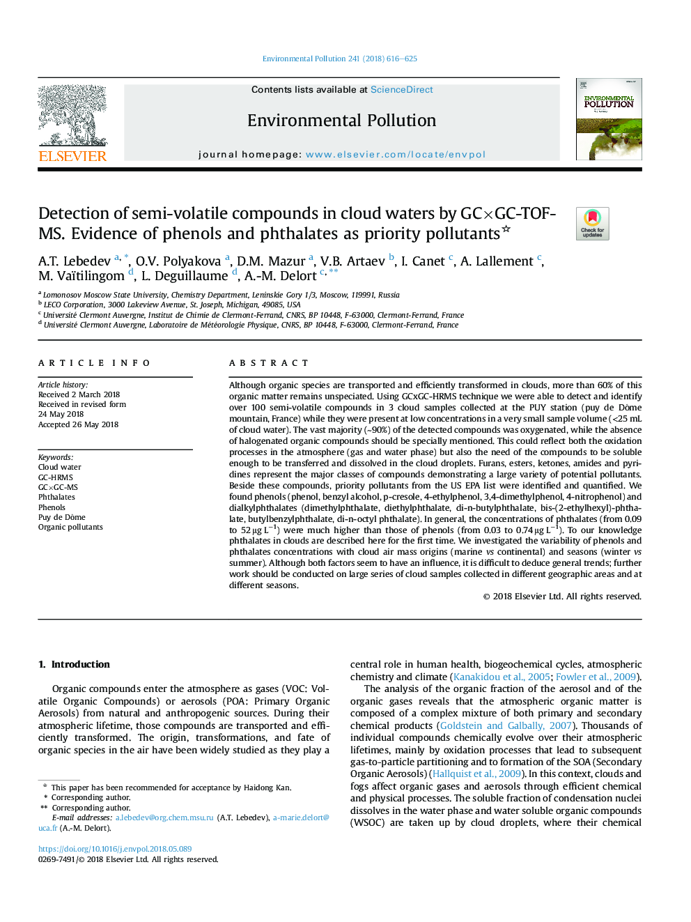 Detection of semi-volatile compounds in cloud waters by GCÃGC-TOF-MS. Evidence of phenols and phthalates as priority pollutants