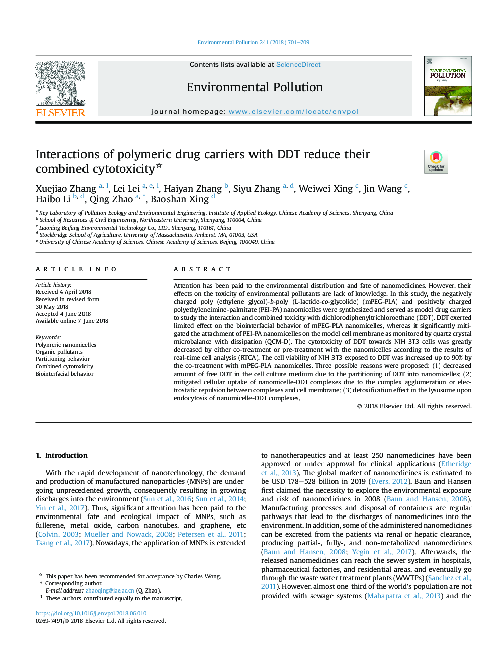 Interactions of polymeric drug carriers with DDT reduce their combined cytotoxicity