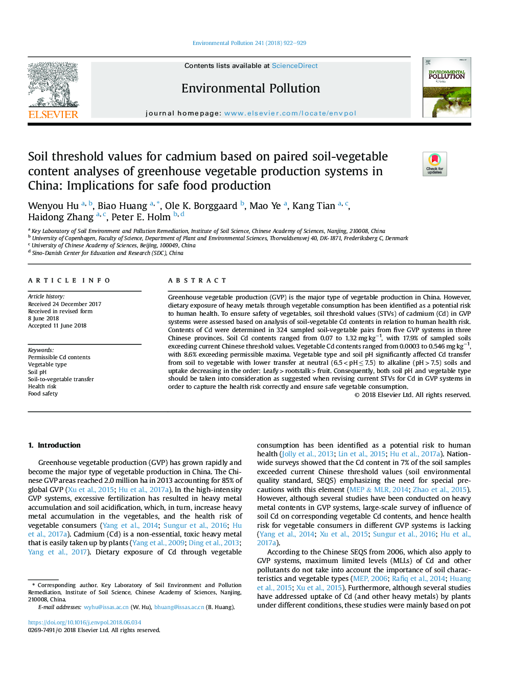 مقادیر آستانه خاک برای کادمیوم براساس تجزیه و تحلیل محتوی خاک خاکی در سیستم تولید سبزیجات در چین: پیامدهای تولید غذای سالم 