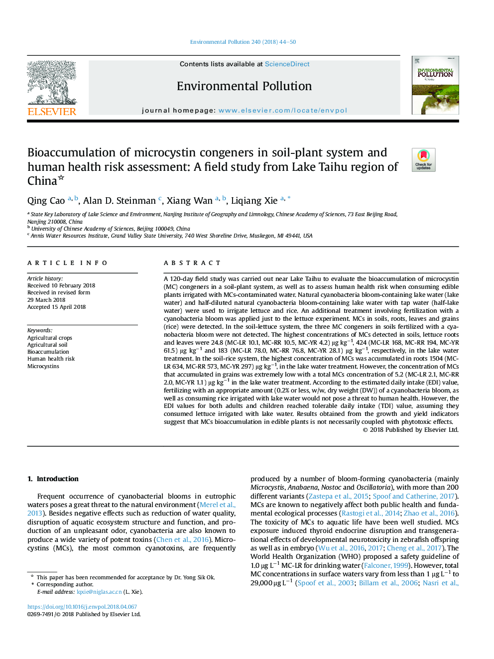 Bioaccumulation of microcystin congeners in soil-plant system and human health risk assessment: A field study from Lake Taihu region of China