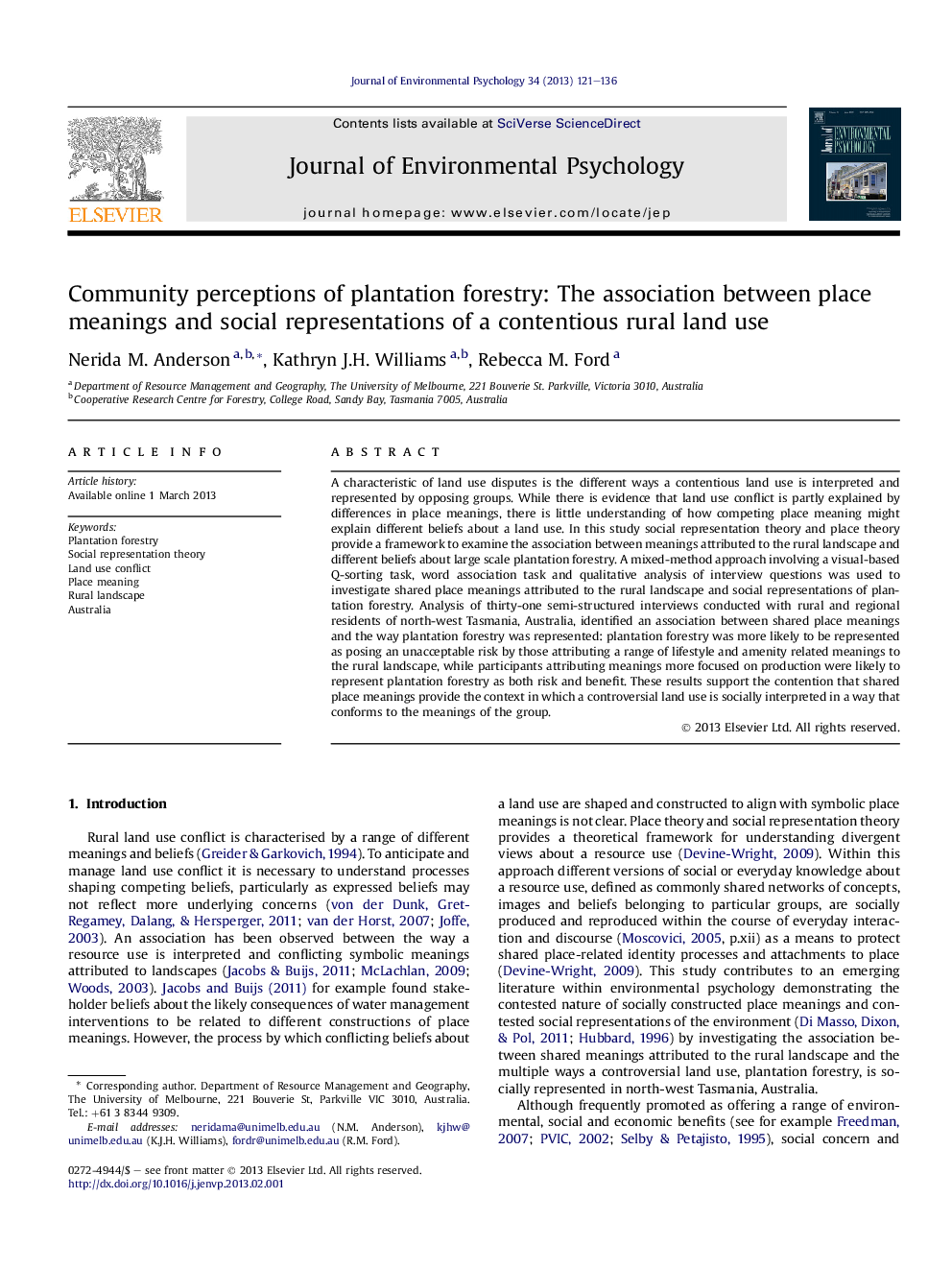 Community perceptions of plantation forestry: The association between place meanings and social representations of a contentious rural land use