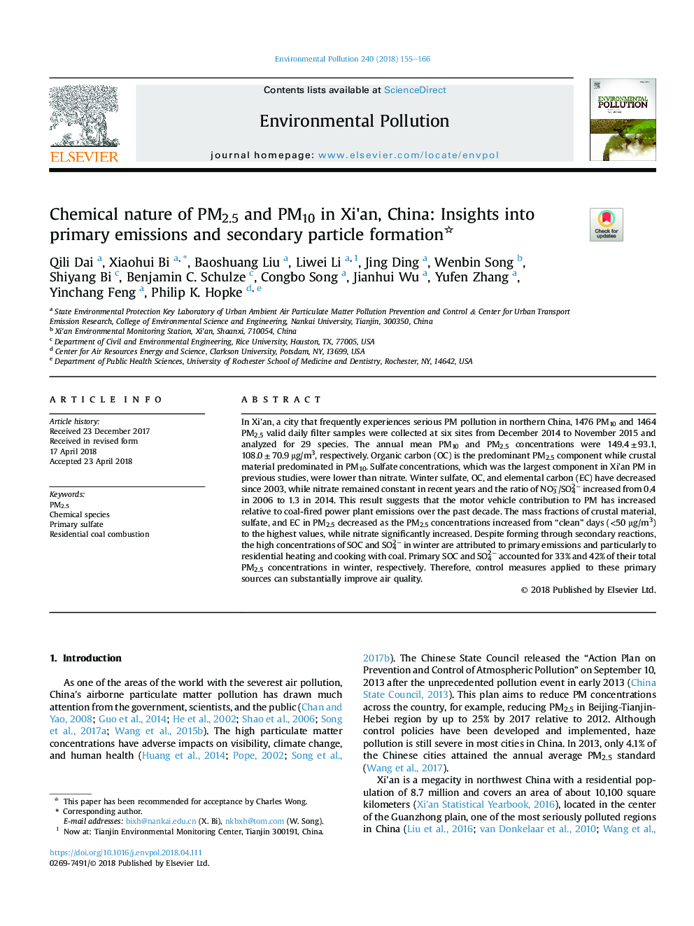 Chemical nature of PM2.5 and PM10 in Xi'an, China: Insights into primary emissions and secondary particle formation