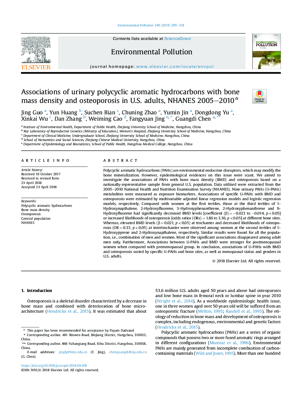 Associations of urinary polycyclic aromatic hydrocarbons with bone mass density and osteoporosis in U.S. adults, NHANES 2005-2010